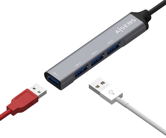 AISENS Hub USB 3.0 de Aluminio 4x Tipo A, Gris, 10cm