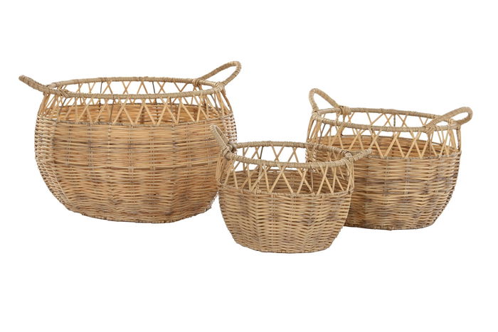 DKD Home Decor Cesta Basicos Natural Set de 3, Set de 3 Cestas de Almacenamiento Hechas a Mano en PE y Metal, 38 x 38 x 34 cm