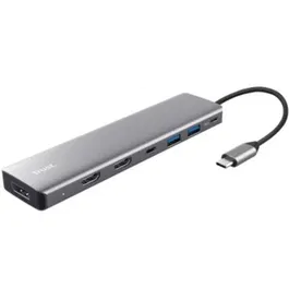 Trust 25661 Docking Station USB Tipo-C 7 en 1 | 2x USB, 2x HDMI 4K, 1x DisplayPort, 1x USB Tipo-C PD, Gris