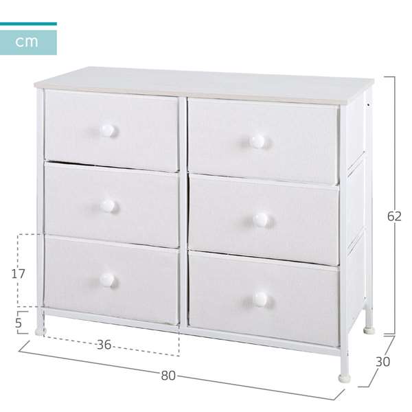 Color Baby Cómoda 6 Cajones 80x30x62 cm - Blanco, acero, papel, MDF y tela