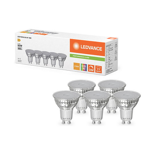 OSRAM LED PAR16 50 36° DIM P Bombilla Inteligente GU10 Dimmable Blanco Cálido 3.7W (Pack 5 Unidades)