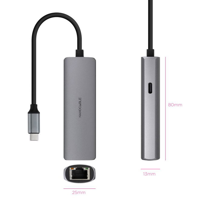 Nanocable Adaptador USB-C 3.1 a RJ45 Gigabit Ethernet 1000 Mbps con Power Delivery PD 100W Gris 18cm