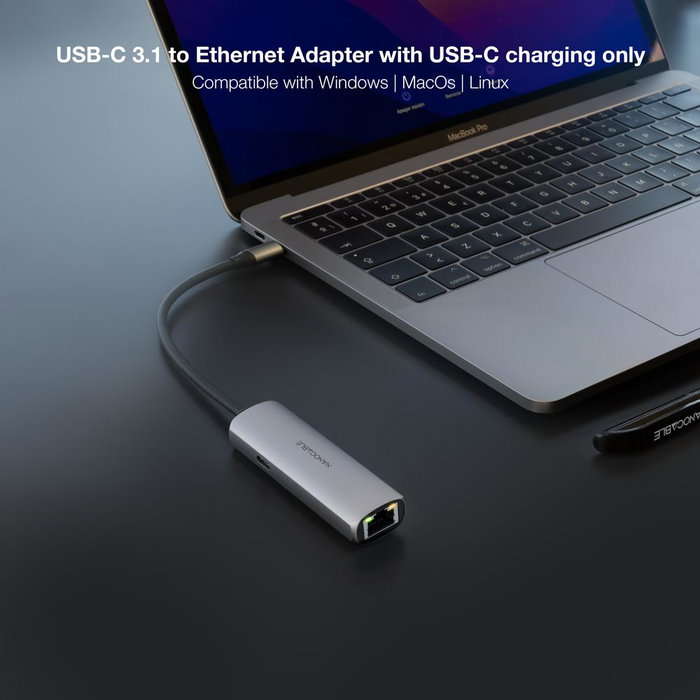 Nanocable Adaptador USB-C 3.1 a RJ45 Gigabit Ethernet 1000 Mbps con Power Delivery PD 100W Gris 18cm