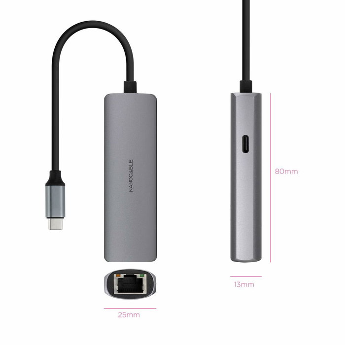 Nanocable Adaptador USB-C 3.1 a RJ45 con PD 100W, Gris Nanocable Adaptador USB-C 3.1 a RJ45 con PD 100W, Gris