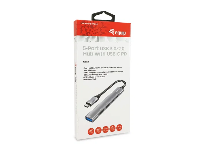 Equip 128962 Hub USB-C de 5 Puertos con PD 100W - 1x USB-C + 2x USB-A 3.0 + 2x USB 2.0 - 5 Gbps - Aluminio Plateado Equip 128962 Hub USB-C de 5 Puertos con PD 100W - 1x USB-C + 2x USB-A 3.0 + 2x USB 2.0 - 5 Gbps - Aluminio Plateado