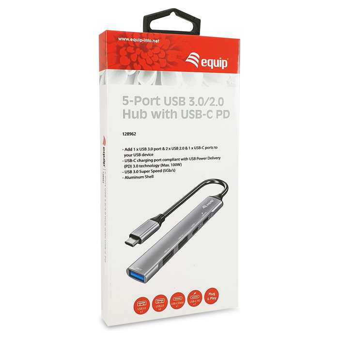 Equip Hub USB-C 5 Puertos con Carga PD 100W y Carcasa de Aluminio Plata Equip Hub USB-C 5 Puertos con Carga PD 100W y Carcasa de Aluminio Plata