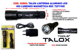 TALOX Linterna Recargable de Aluminio LED 400 Lumen Magnética TZF7498
