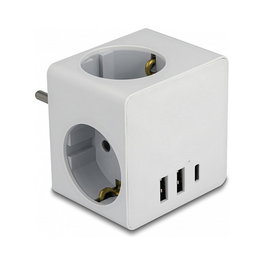 DeLOCK Multi Enchufe Cúbico de 3 tomas con protección para niños y USB blanco