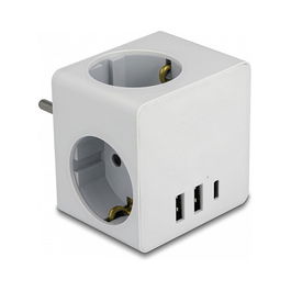 Delock Enchufe Cúbico 3 Tomas con Protección para Niños y 3 Puertos USB Cargador, Tipo F, Blanco, 250V 16A, 3680W Max