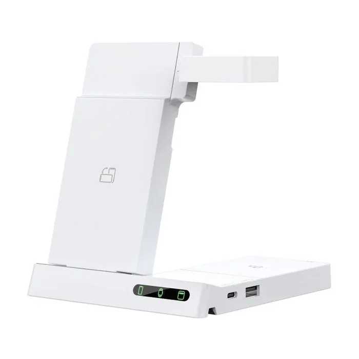 Muvit MCWIR0012 Cargador Inalámbrico 20W con Base Plegable para Móvil, Reloj y Auriculares + 2 Puertos USB y Cable