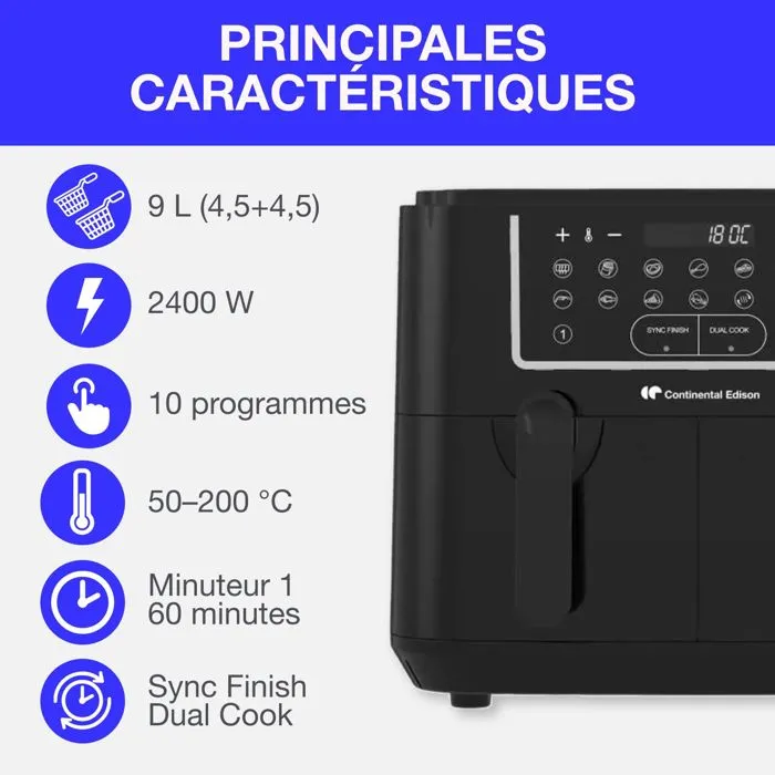 Continental Edison Freidora de aire sin aceite RFRSH24002CB, 9 L, Bandejas dobles, 2400W, Negra