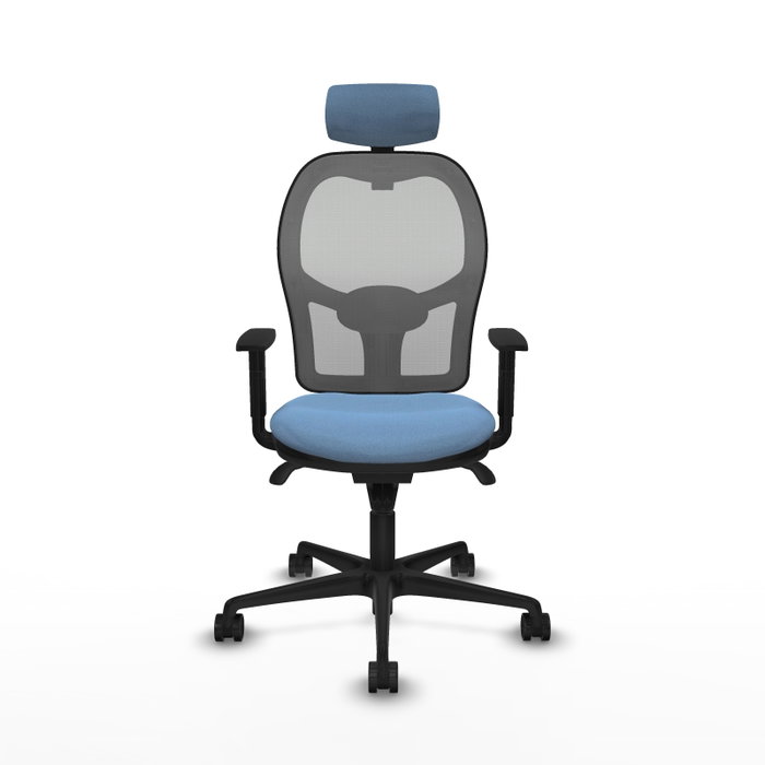 Silla de oficina Jorquera con mecanismo Sincro tapizada con Tela color Azul cielo y malla color Gris. Equipada con lumbar 1D, Brazos 1D, Cabecero 2D y Ruedas 65mm nailon