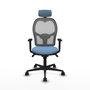 Silla de oficina Jorquera con mecanismo Sincro tapizada con Tela color Azul cielo y malla color Gris. Equipada con lumbar 1D, Brazos 1D, Cabecero 2D y Ruedas 65mm nailon