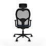 Silla de oficina Jorquera con mecanismo Sincro tapizada con Tela color Azul cielo y malla color Gris. Equipada con lumbar 1D, Brazos 1D, Cabecero 2D y Ruedas 65mm nailon