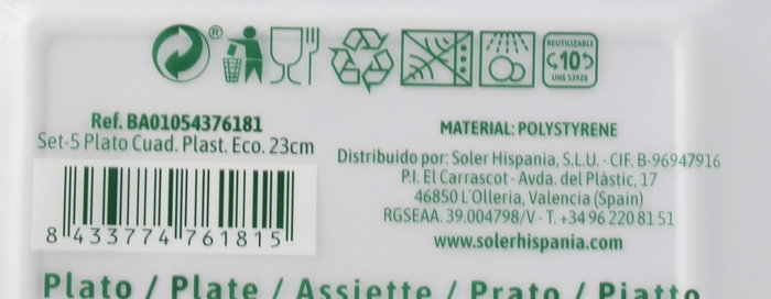 Algon Set 5 Platos Cuadrados Plástico Eco 23 cm (36 Unidades)