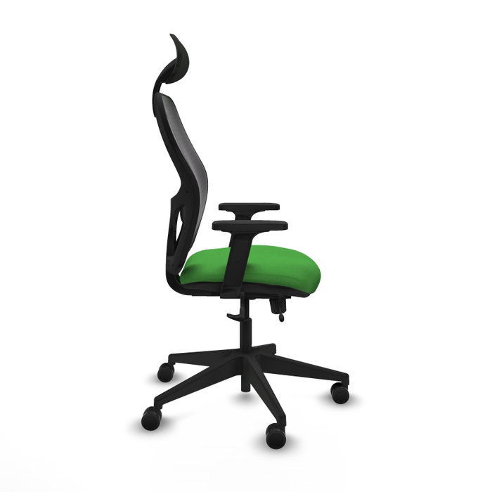 Silla de oficina Alocén con mecanismo Sincro/Traslack tapizada con Tela color Verde y malla color Negro. Equipada con lumbar 1D, Brazos 2D, Cabecero Fijo y Ruedas 65mm nailon