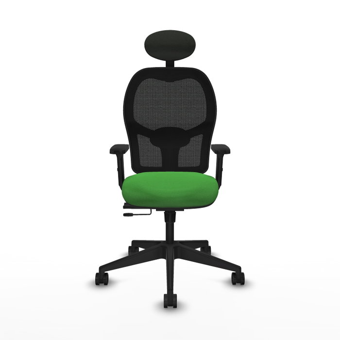 Silla de oficina Alocén con mecanismo Sincro/Traslack tapizada con Tela color Verde y malla color Negro. Equipada con lumbar 1D, Brazos 2D, Cabecero Fijo y Ruedas 65mm nailon