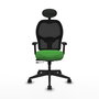 Silla de oficina Alocén con mecanismo Sincro/Traslack tapizada con Tela color Verde y malla color Negro. Equipada con lumbar 1D, Brazos 2D, Cabecero Fijo y Ruedas 65mm nailon
