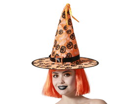 Sombrero de Bruja Naranja con Calabazas Negras y Hebilla Brillante