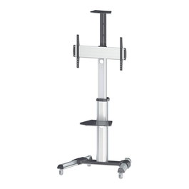 MANHATTAN Soporte TV Universal Carrito con Ruedas para Pantallas 37-70" hasta 50 kg, Inclinación, Gestión Cables, Estante, Color Negro/Plata
