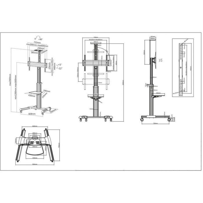 MANHATTAN Soporte para TV tipo carrito con ruedas, ajustable e inclinable