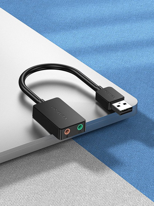 Vention CDYB0 Tarjeta de Sonido Externa USB de 2.1 Canales 16 bits para PC y Mac con Entrada de Micrófono y Cancelación de Ruido, Color Negro