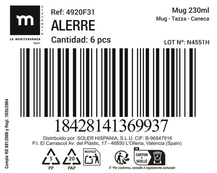 La Mediterránea - Mug 230 ml 'Alerre', Taza de cerámica de 7.5 x 9 cm, diseño original (36 Unidades)