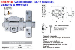 Cerrojo 50-R / 80 Níquel con Cilindro de 50 mm