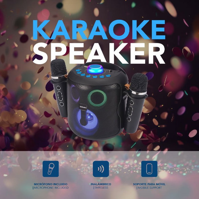 Daewoo - Altavoz Karaoke Bluetooth 5.4 con 2 Micrófonos Inalámbricos, 15W, Dimensiones 149 x 158 x 175 mm