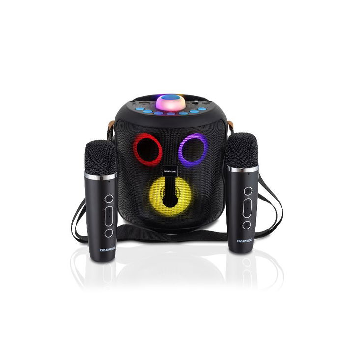 Daewoo - Altavoz Karaoke Bluetooth 5.4 con 2 Micrófonos Inalámbricos, 15W, Dimensiones 149 x 158 x 175 mm
