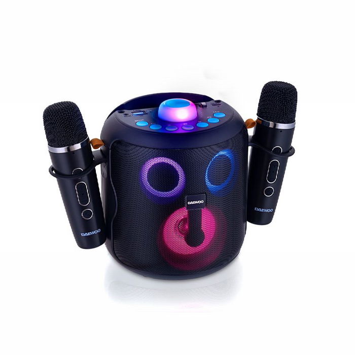 Daewoo - Altavoz Karaoke Bluetooth 5.4 con 2 Micrófonos Inalámbricos, 15W, Dimensiones 149 x 158 x 175 mm