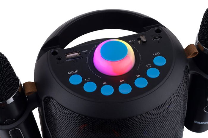 Daewoo - Altavoz Karaoke Bluetooth 5.4 con 2 Micrófonos Inalámbricos, 15W, Dimensiones 149 x 158 x 175 mm