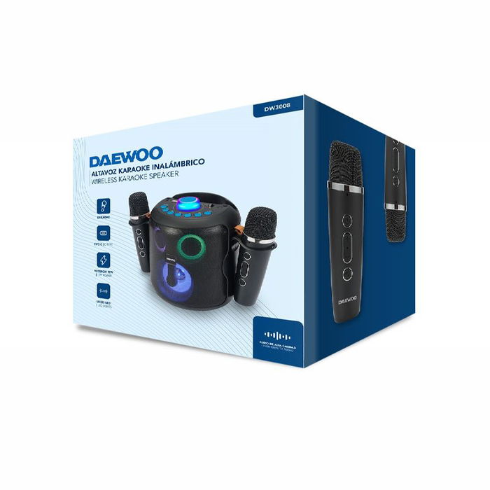 Daewoo - Altavoz Karaoke Bluetooth 5.4 con 2 Micrófonos Inalámbricos, 15W, Dimensiones 149 x 158 x 175 mm