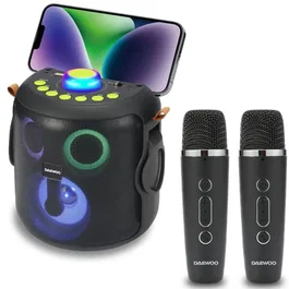 Daewoo - Altavoz Karaoke Bluetooth 5.4 con 2 Micrófonos Inalámbricos, 15W, Dimensiones 149 x 158 x 175 mm