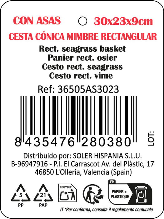 Privilege Cesta Cónica de Mimbre Recogida con Asa 30 cm x 23 cm x 9 cm (8 Unidades)