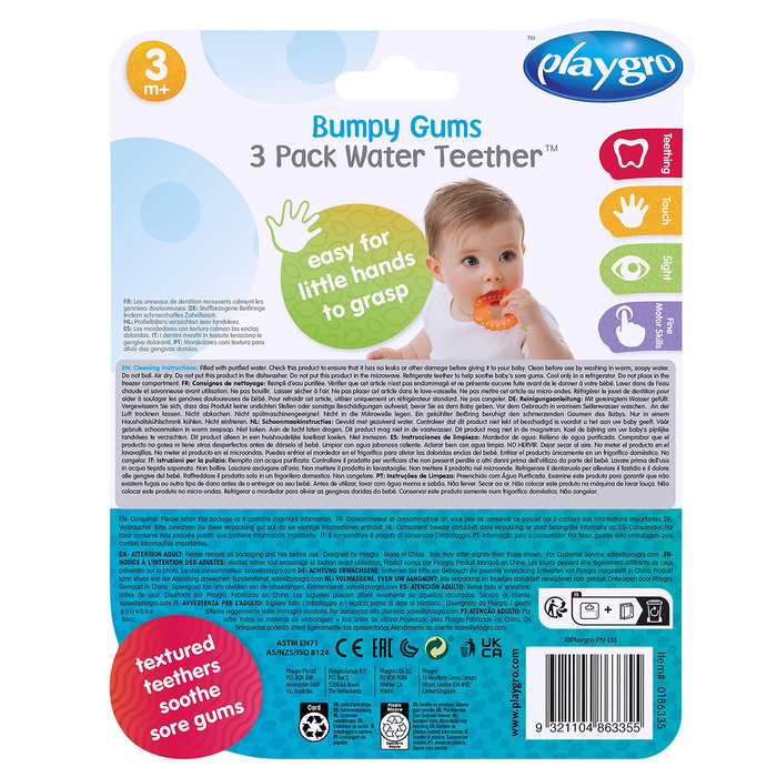 Playgro Pack 3 mordedores de agua para bebés +3 meses - Alivia encías doloridas Playgro Pack 3 mordedores de agua para bebés +3 meses - Alivia encías doloridas