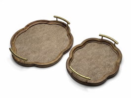 DKD Home Decor Set de 2 Bandejas de Acacia y PU Marrón 40x38x4.5 cm