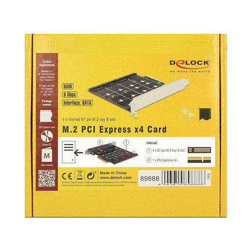 DeLOCK 89888 Tarjeta Controladora PCIe x4 con 4 Ranuras M.2 Key B Internas para SATA, RAID 0, 1, 10, Marvell 88SE9230