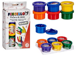 PINCELLO Set 6 Botes Pintura Dedos No Tóxico 6 Colores Surtidos Plástico 20 cm x 12 cm x 4 cm 28ml (Set de 24)
