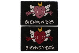 DKD Home Decor Felpudo Negro Rojo Fibra Coco y Goma Corazón 40x60x1.5 cm (2 Unidades)
