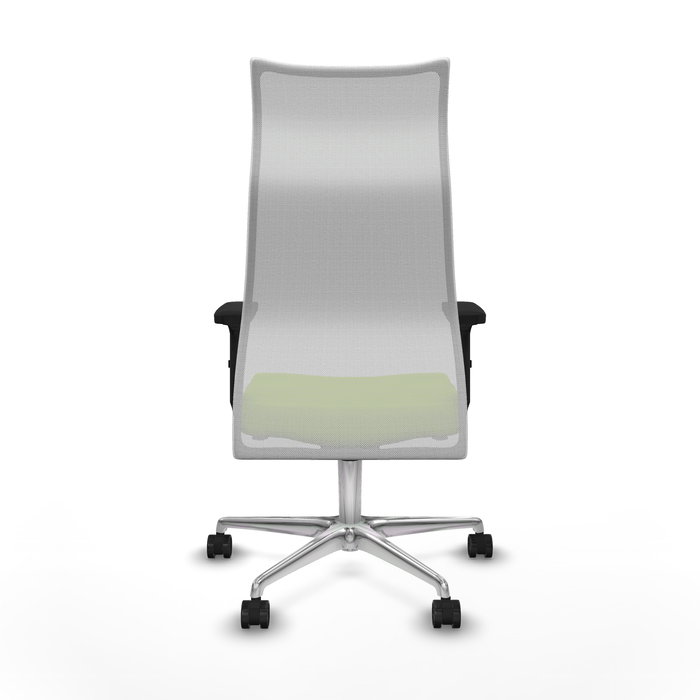 Sillón Albacete con mecanismo Sincro tapizada con Similpiel color Pistacho y malla color Blanco. Equipado con Base aluminio, Brazos 2D y Ruedas 65mm nailon