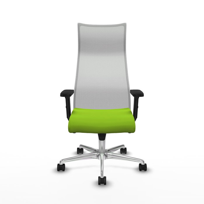 Sillón Albacete con mecanismo Sincro tapizada con Similpiel color Pistacho y malla color Blanco. Equipado con Base aluminio, Brazos 2D y Ruedas 65mm nailon