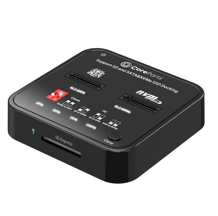 CoreParts Docking Station USB 3.2 Tipo C M.2 SATA/NVMe SSD 10Gbps Doble Ranura con Clonación 1:1 y Lector de Tarjetas SD Express
