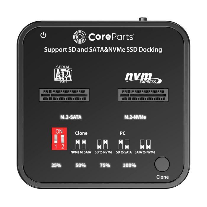 CoreParts Docking Station USB 3.2 Tipo C M.2 SATA/NVMe SSD 10Gbps Doble Ranura con Clonación 1:1 y Lector de Tarjetas SD Express