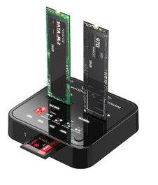 CoreParts Docking Station USB 3.2 Tipo C M.2 SATA/NVMe SSD 10Gbps Doble Ranura con Clonación 1:1 y Lector de Tarjetas SD Express