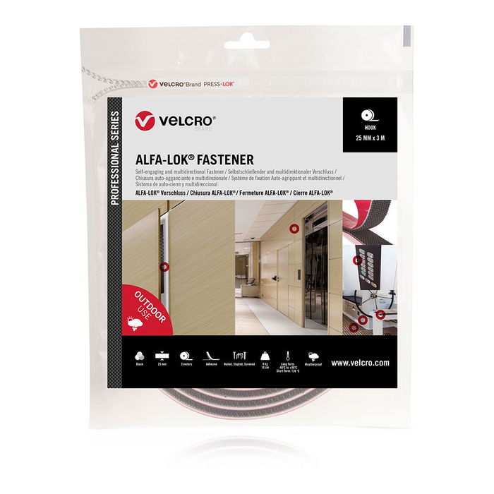 Velcro Cinta Alfa-Lok Lineal de Gancho Negra 25mm x 3m