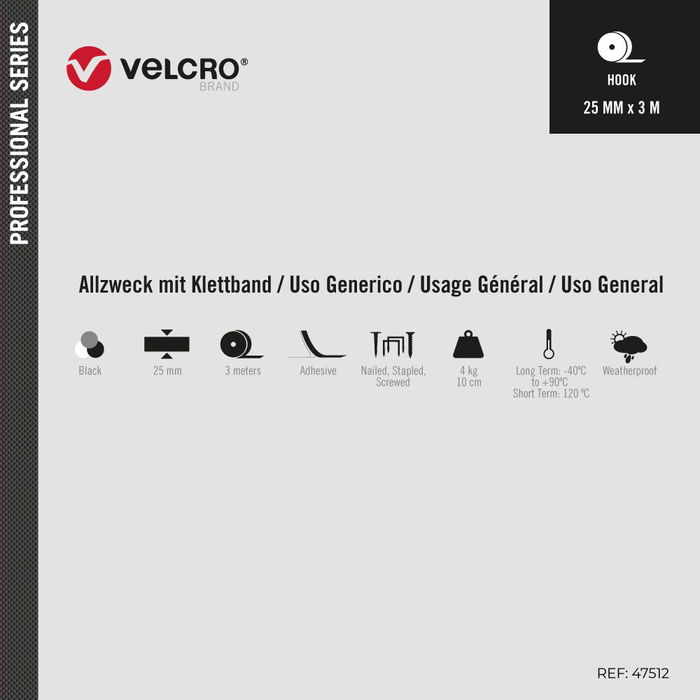 Velcro Cinta Alfa-Lok Lineal de Gancho Negra 25mm x 3m