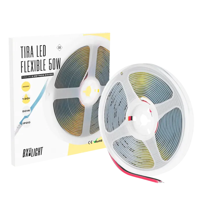 BX3 LIGHT Tira LED Flexible 50W 24VDC 5 Metros IP20 Blanco Frío 6000K, Rollo 5m, BX3-COB-320-24DC-CW, Alta Eficiencia, 40000h