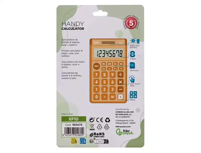 Liderpapel xf10 Calculadora Bolsillo 8 Dígitos Solar y Pilas 115x65x8 mm Naranja