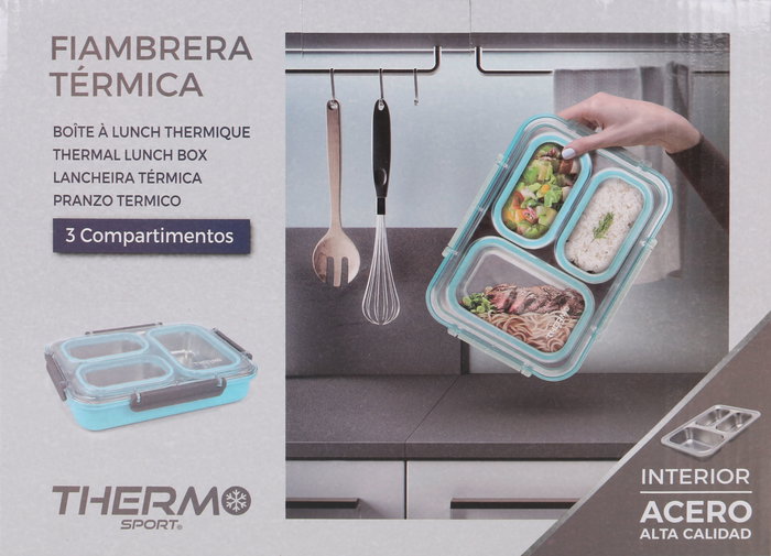 Thermosport Fiambrera Plástico-Acero 3 Compartimentos, Ancho 28 cm, Alto 20.5 cm, Largo 6 cm (6 Unidades)